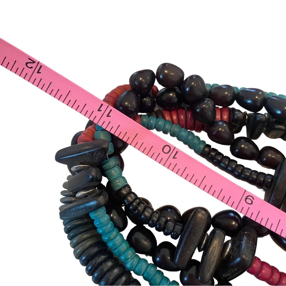 Wooden tribal multi strand multicolor necklace black red 11”
